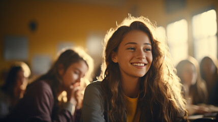Obraz premium group of young women in classroom, beautiful lady in center smiling, positive and friendly atmosphere, diverse and inclusive learning environment, cheerful and optimistic scene