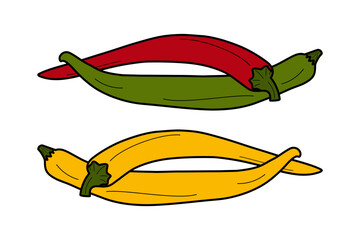 Set of two intertwined pairs chili peppers in trendy colors. Traditional Mexican seasoning and spice