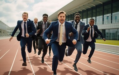 Businessmen doing a sprint race on an athletics track - obrazy, fototapety, plakaty