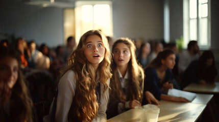 Fototapeta premium group of young women in classroom, looking up with surprise and curiosity, fictional reason