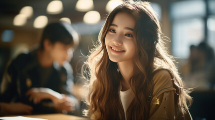 beautiful young Asian woman with long, shiny hair, smiling in yellow jacket, cheerful and positive atmosphere at restaurant, lively camaraderie