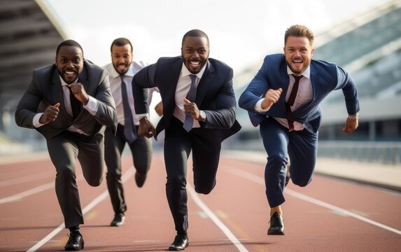 Businessmen doing a sprint race on an athletics track