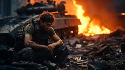war and soldier, fire and flames. determined soldier. fictional location