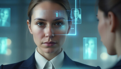 Portrait of thoughtful businesswoman with face id glowing interface. Access, identification and face recognition concept created with generative ai