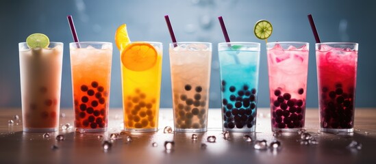 Colorful drinks with tapioca bubbles in transparent glasses against a lit background