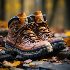 Worn Hiking Boots on Rocky Trail with Autumn Foliage