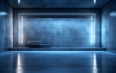 Futuristic blue-lit room with sleek walls and a minimalist bench, evoking a modern, sci-fi ambiance.