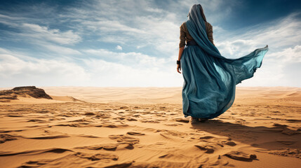Portrait of a woman in the desert wearing a cloak as protection from the sun