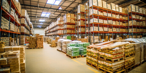 Huge logistics warehouse with big shelfs packed with cardboard boxes