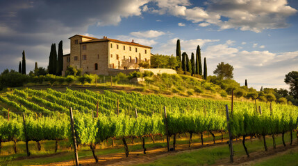 Fototapeta na wymiar idyllic Tuscany landscape with vineyards and a manor house