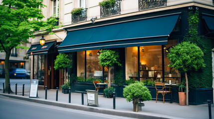 Vintage charming storefront with wood carpentry and an elegant retro feel,