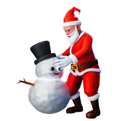 3D character of santa claus making a snowman, Merry Christmas and Happy New Year, 3d illustration and rendering