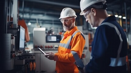 Engineers and factory managers wearing safety helmet inspect the machines in the production. inspector opened the machine to test the system to meet the standard. machine, maintenance