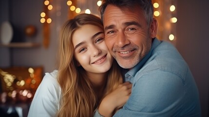 father day, cute teen girl hugging mature middle age dad. Love, kiss, care, happy smile enjoy family time. celebrate special occasion, happy birthday, merry Christmas. special day