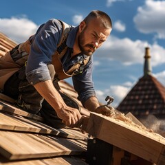 Carpenter roofer working on roof structure at construction site
