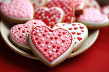 Plate of heart shaped gingerbread cookies decorated pink with icing.Postcards o invitations for Valentine's, mother's day,weddings.Day.Design of thematic web pages,recipe sites