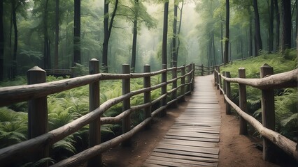 Wooden fence on the forest walkway from Generative AI