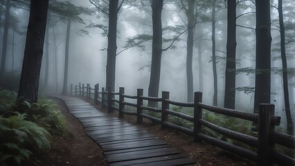 Wooden fence on the foggy dark forest walkway from Generative AI