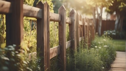 Wooden fence on the garden from Generative AI - obrazy, fototapety, plakaty