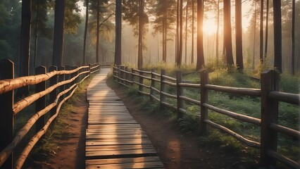 Wooden fence on the forest walkway at sunset from Generative AI