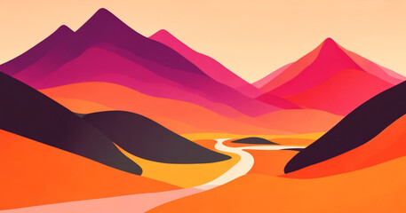 Colorful illustration of a landscape with mountains and river