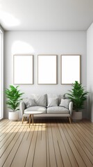 3D Render of Living Room with Multiple Empty Frames, Empty Canvas