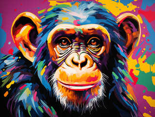 A Pop Art Acrylic Style Painting of a Chimpanzee with Vibrant Colors