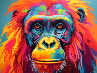 A Pop Art Acrylic Style Painting of an Orangutan with Vibrant Colors
