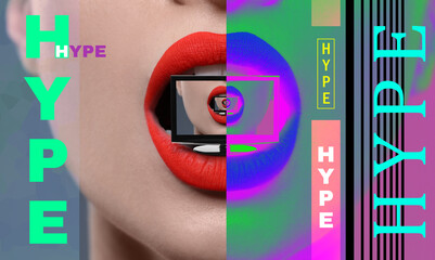 Hype, creative artwork. Woman with red lips holding monitor in mouth, recursion effect