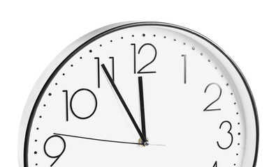 Clock showing five minutes until midnight on white background, closeup. New Year countdown