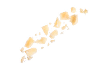 Pieces of delicious parmesan cheese on white background