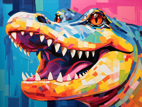 A Pop Art Acrylic Style Painting of an Alligator with Vibrant Colors
