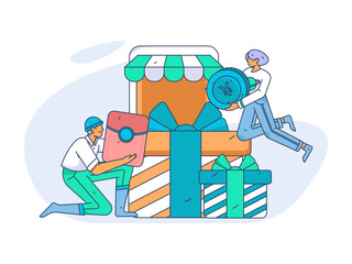 Festive Shopping E-Commerce Online Shopping People Flat Vector Concept Operation Hand Drawn Illustration
