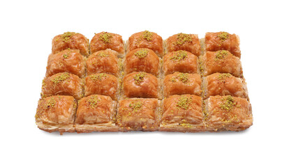 Delicious sweet baklava with pistachios isolated on white