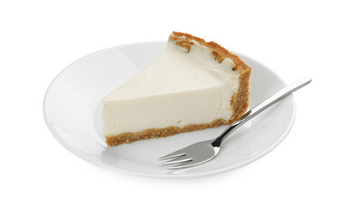 Plate with piece of tasty vegan tofu cheesecake and fork isolated on white