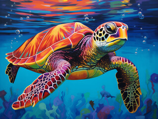 A Pop Art Acrylic Style Painting of a Sea Turtle with Vibrant Colors