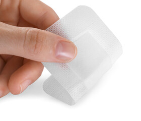 Woman with medical adhesive bandage isolated on white, closeup