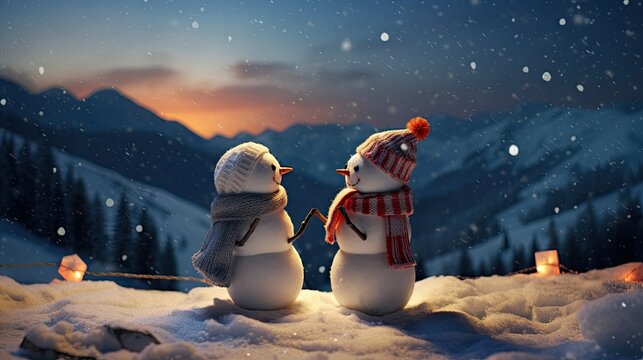 snowman couple looking at a starry night sky, with a backdrop of snow-covered mountains, in a dreamy winter night