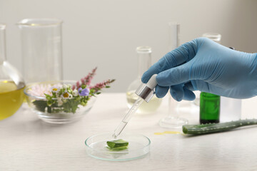 Scientist developing cosmetic oil at white table, closeup