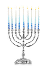 Menorah with burning candles isolated on white. Hanukkah symbol