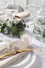 Beautiful table setting with floral decor, closeup