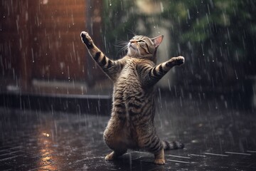 Cat dancing in the rain, concept of Feline precipitation