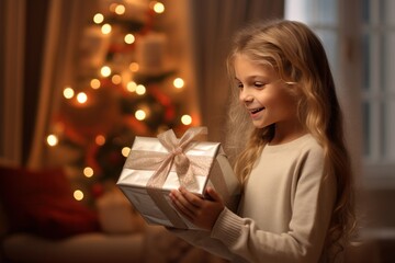 Fototapeta na wymiar Delighted Girl Receiving Christmas Present at Home