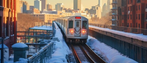 city subway train emerging from a snowy underground station, with bustling city life and snow-clad streets in the background, in an urban winter commute  - obrazy, fototapety, plakaty