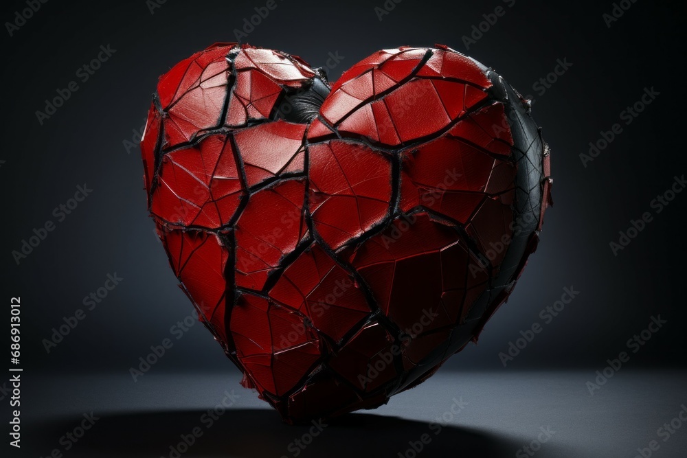 Poster broken heart with cracks. background with selective focus and copy space