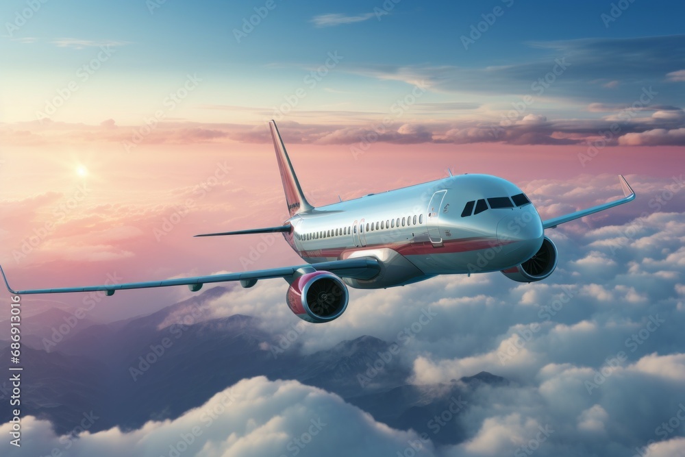 Aufkleber passenger plane flight in the sky. background with selective focus and copy space