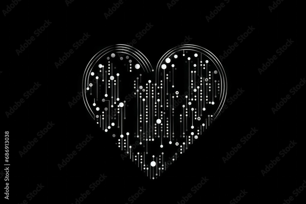 Poster computer with heart shaped cpu chip. drawing style. black background with selective focus and copy s