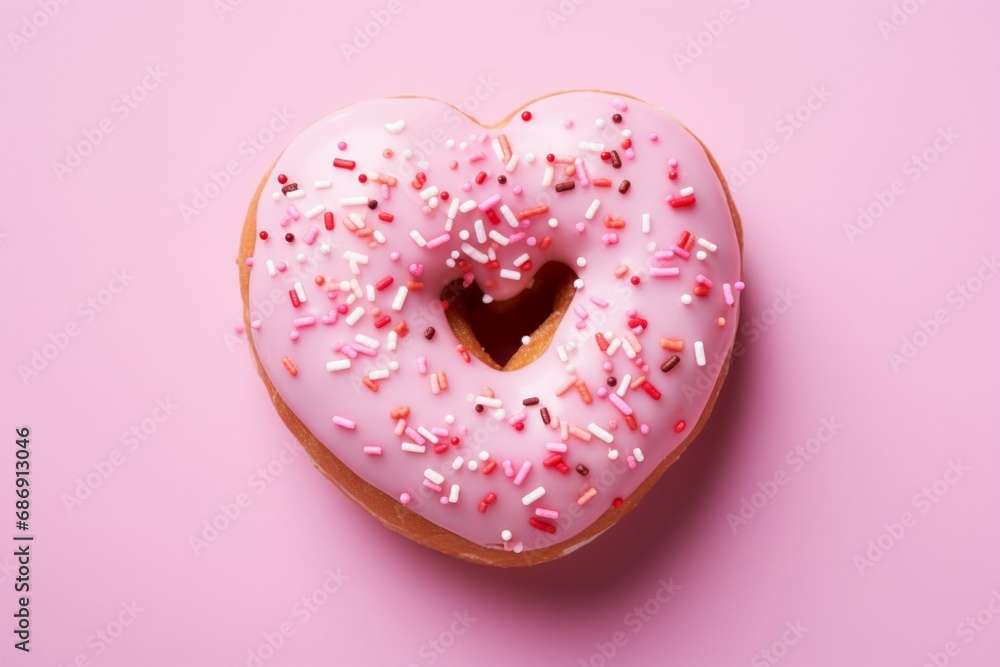 Poster donut in the shape of a heart. background with selective focus and copy space