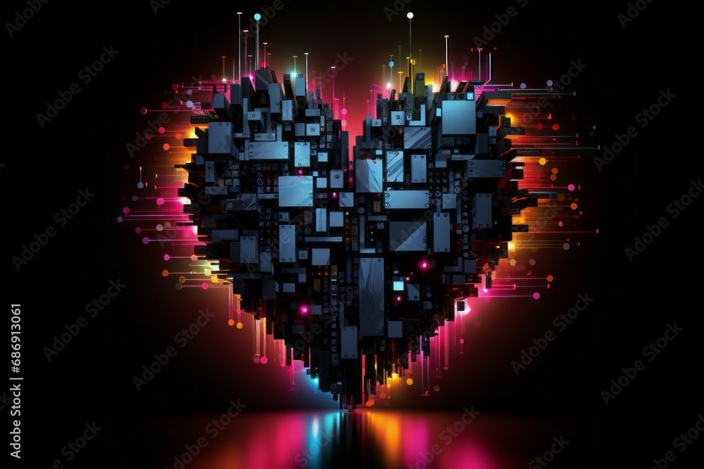 Poster computer with heart shaped cpu chip. illustration style. black background with selective focus and c