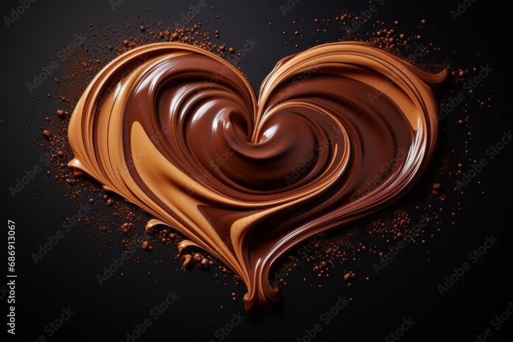 Poster melted chocolate in the shape of a heart on a dark background with selective focus and copy space